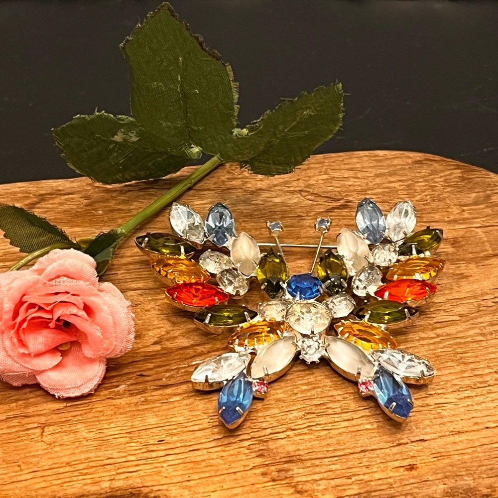 Vintage RON Rhinestone Butterfly Brooch Navette Prong Set Mid Century 3.5”